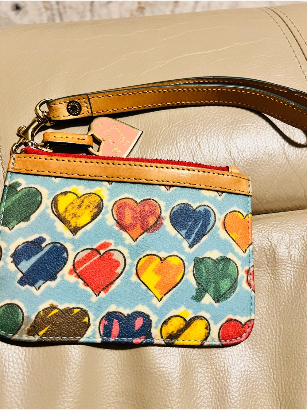 Dooney & Bourke Heart Print Wristlet with Rainbow Zipper and Tan Trim